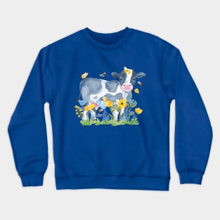 Watercolor Cow in Spring Flowers, Bees, & Beautiful Butterflies Crewneck Sweatshirt